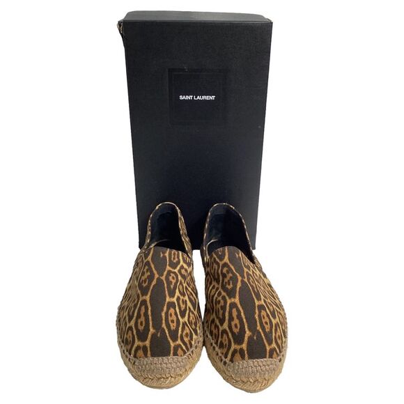 Saint Laurent Logo Leopard Print Espadrille Flats in Brown Canvas - Picture 6 of 10